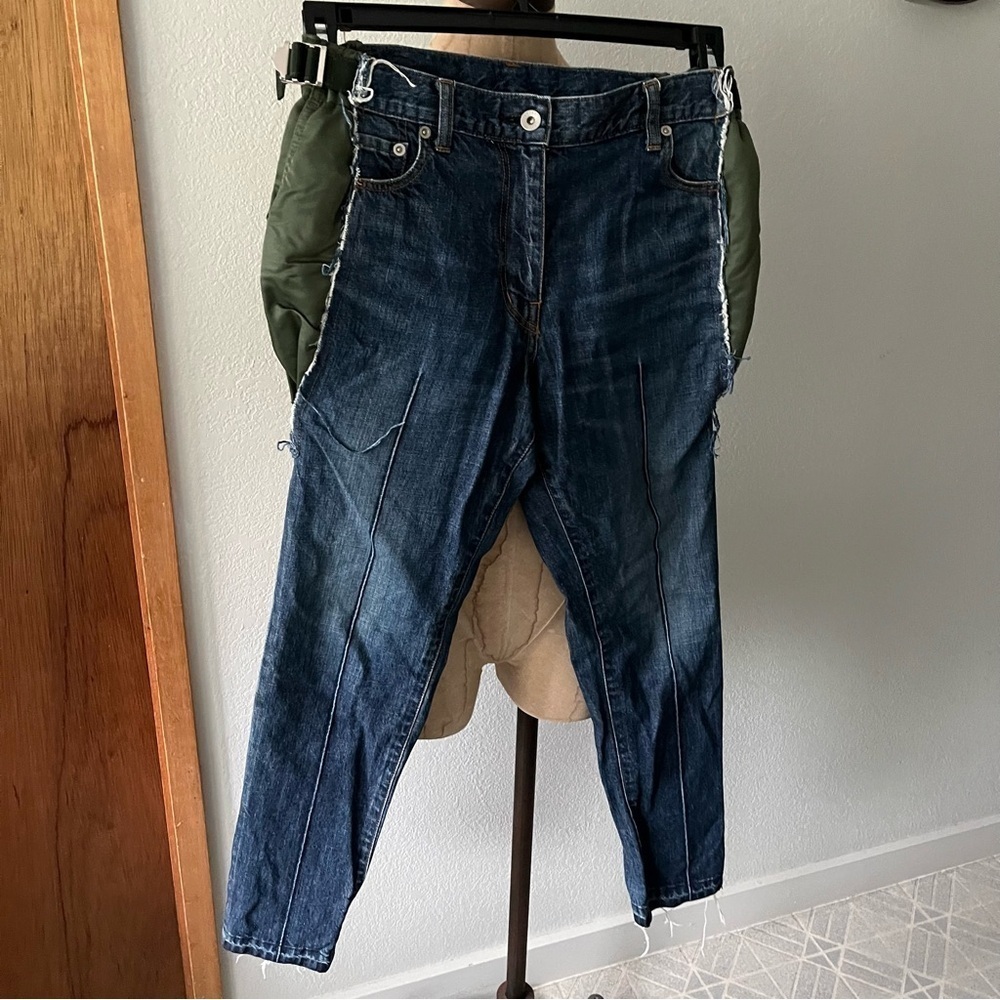 SACAI Japan sz 0  XS Deconstructed Blue DENIM JEANS Green Accent